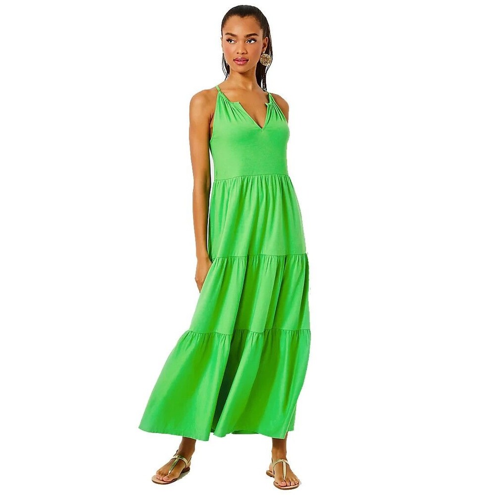 Lilly Pulitzer Maribella Halter Maxi Dress Tiered Swing Green Cotton S 287935